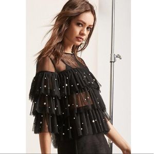 ETA Sheer‎ Black Ruffled Top with Pearls
